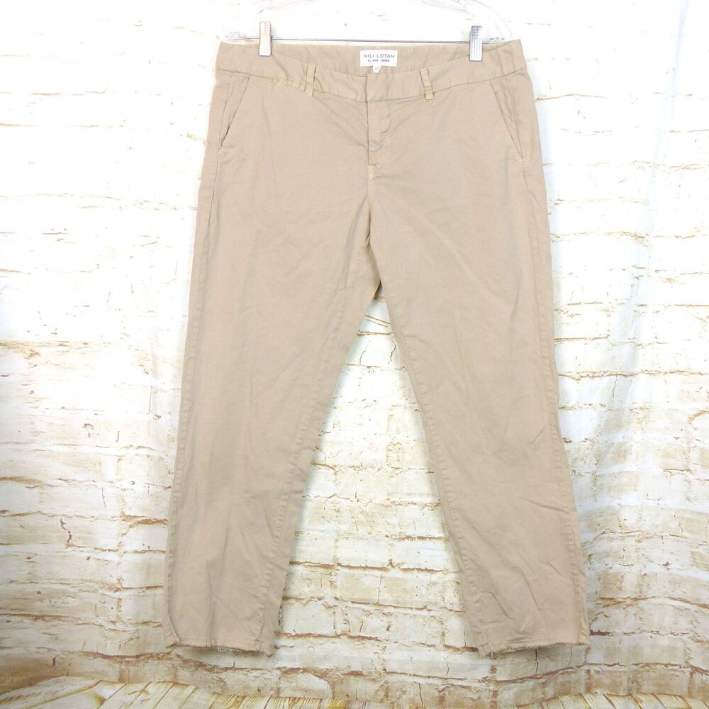 Nili Lotan East Hampton Pants Women 12 Khaki Twill Crop Raw Ankle  Trouser $345